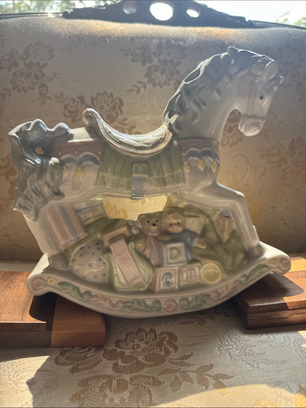 Porcelain Music Rocking Horse Figurine in Pastel Colors - Brand Unspecified